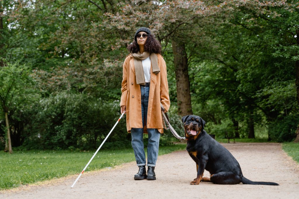 Blinde Frau mit Hund im Park